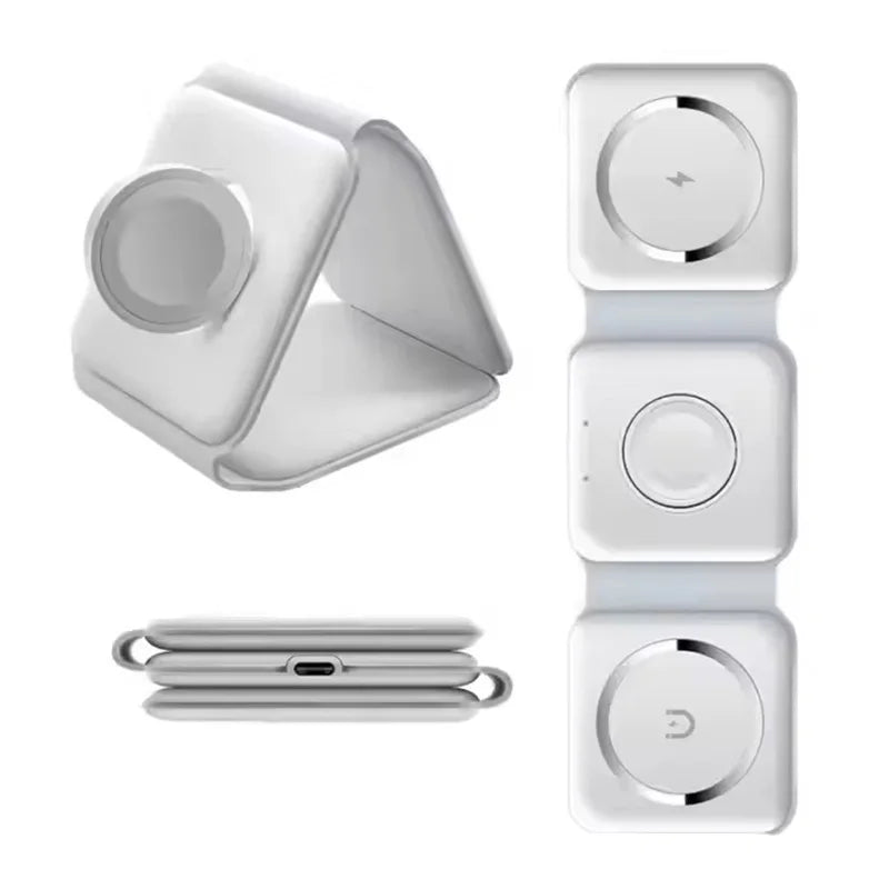 3-in-1 Foldable Magnetic Charging Station — Fast Wireless Charger for Phone, Earbuds & Watch