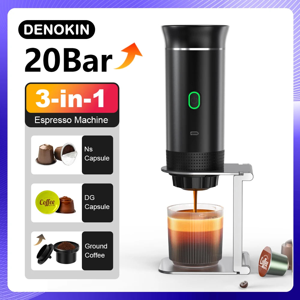 3-in-1 Portable Electric Espresso Maker – Capsules & Ground Coffee, 20 Bar