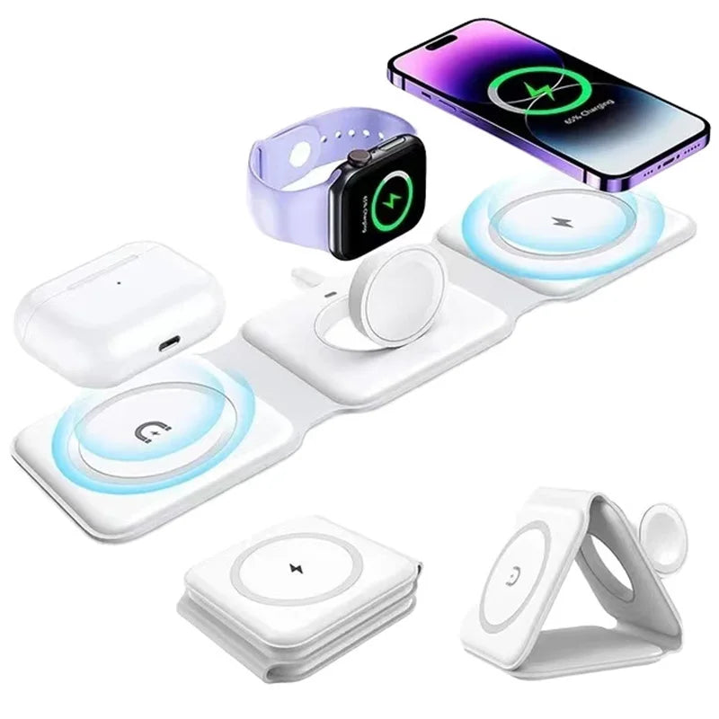 3-in-1 Foldable Magnetic Charging Station — Fast Wireless Charger for Phone, Earbuds & Watch