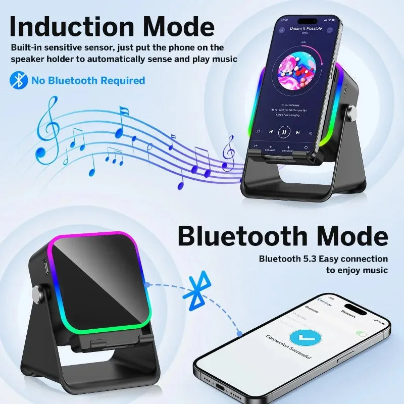 Magnetic Induction Speaker Phone Stand Wireless Bluetooth Phone Holder Amplifier Portable Desk Speaker RGB Light 5000mAh Battery