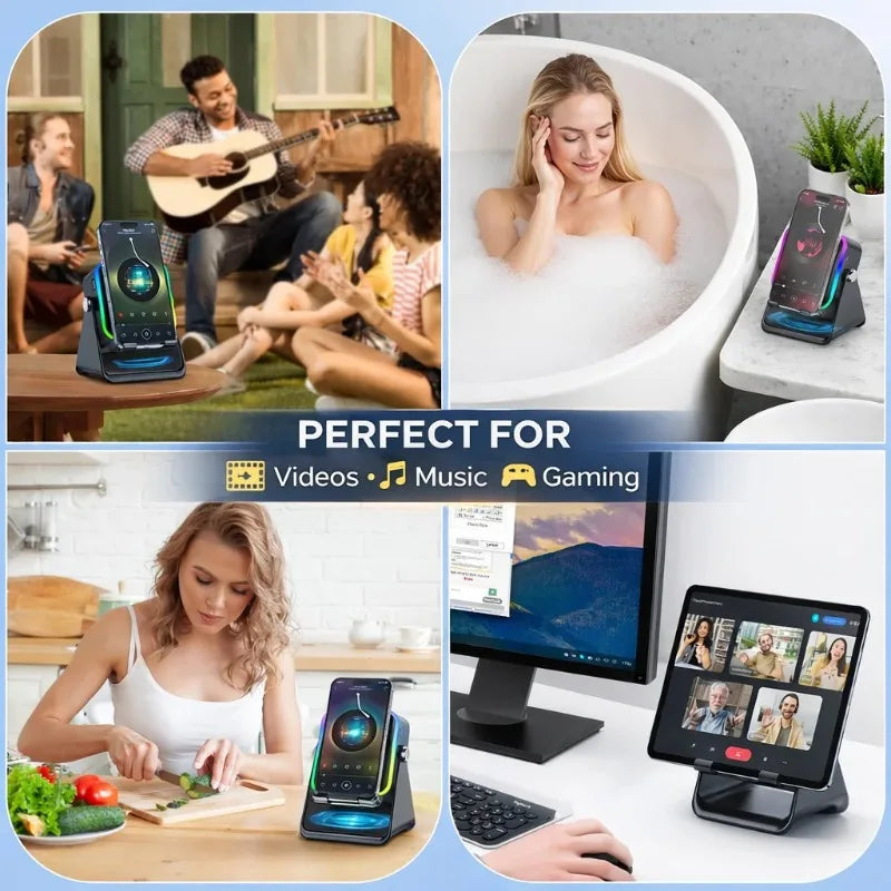 Magnetic Induction Speaker Phone Stand Wireless Bluetooth Phone Holder Amplifier Portable Desk Speaker RGB Light 5000mAh Battery