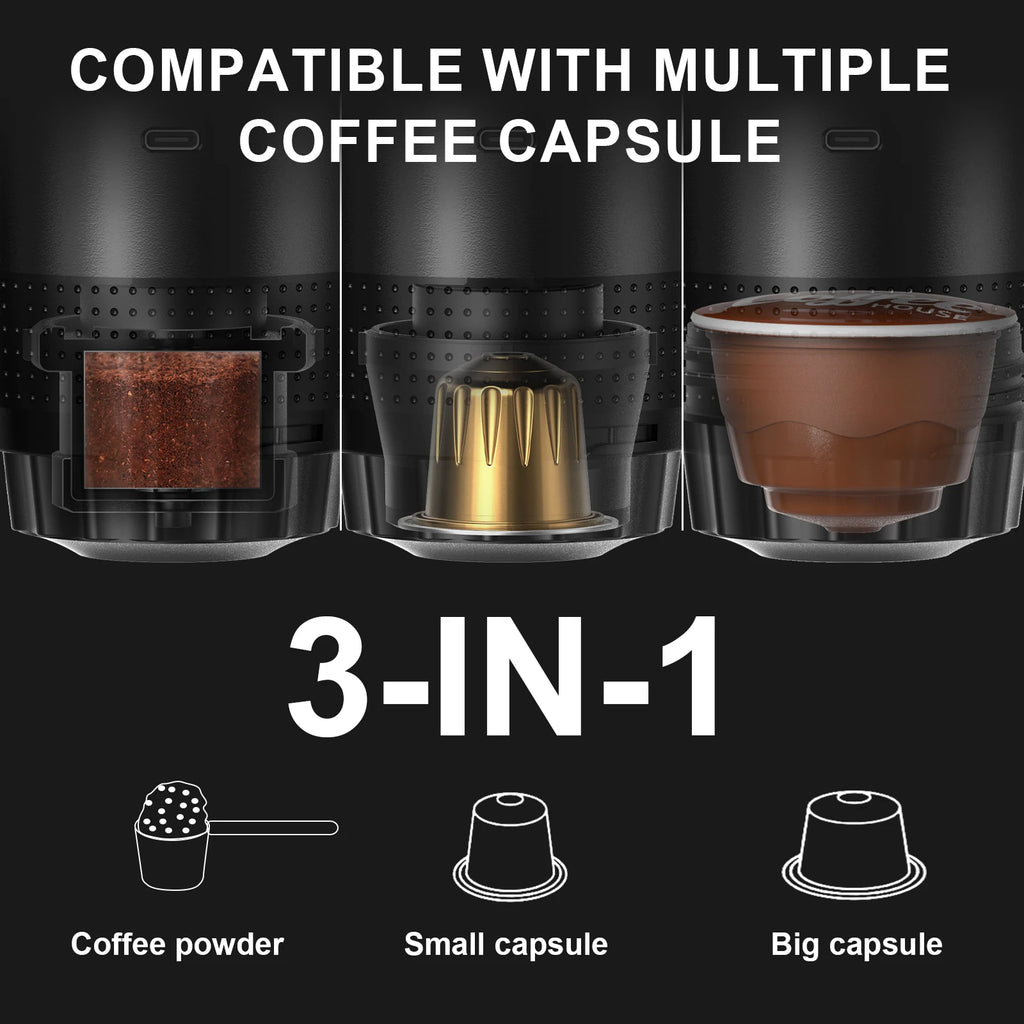 3-in-1 Portable Electric Espresso Maker – Capsules & Ground Coffee, 20 Bar