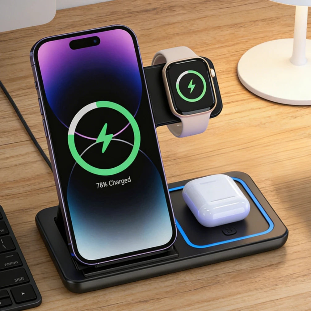 3-in-1 Foldable Wireless Charging Station for iPhone, Samsung Galaxy & AirPods – 15W Fast Charging Stand