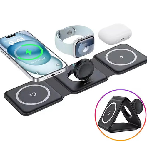 3-in-1 Foldable Magnetic Charging Station — Fast Wireless Charger for Phone, Earbuds & Watch