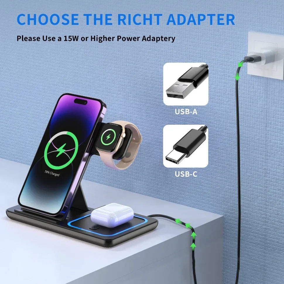 3-in-1 Foldable Wireless Charging Station for iPhone, Samsung Galaxy & AirPods – 15W Fast Charging Stand