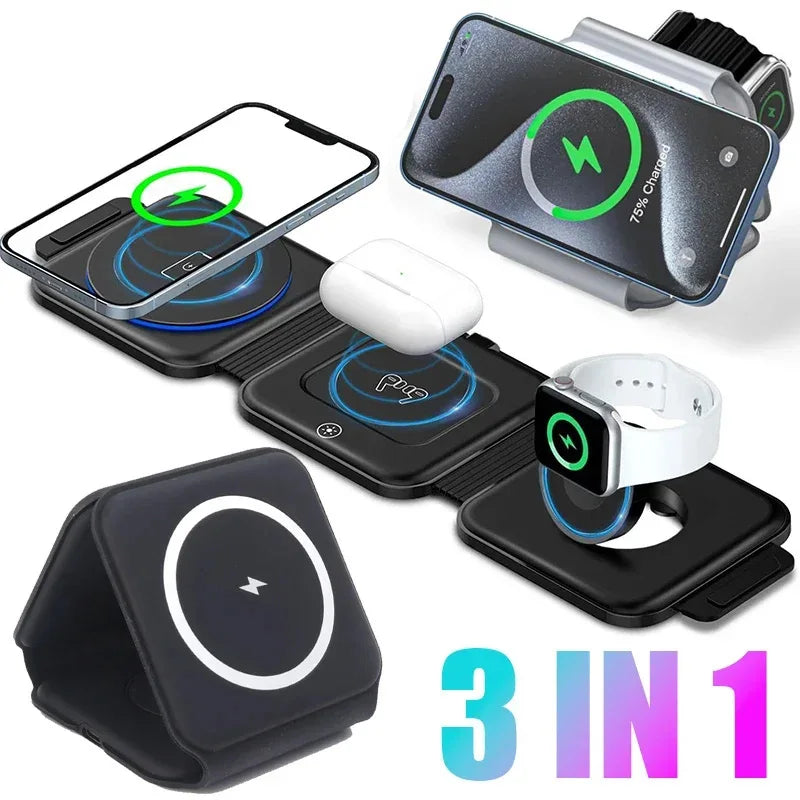3-in-1 Foldable Magnetic Charging Station — Fast Wireless Charger for Phone, Earbuds & Watch