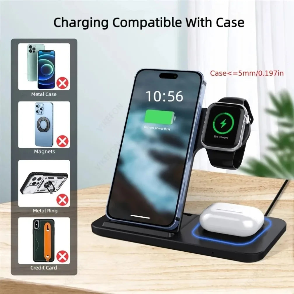 3-in-1 Foldable Wireless Charging Station for iPhone, Samsung Galaxy & AirPods – 15W Fast Charging Stand
